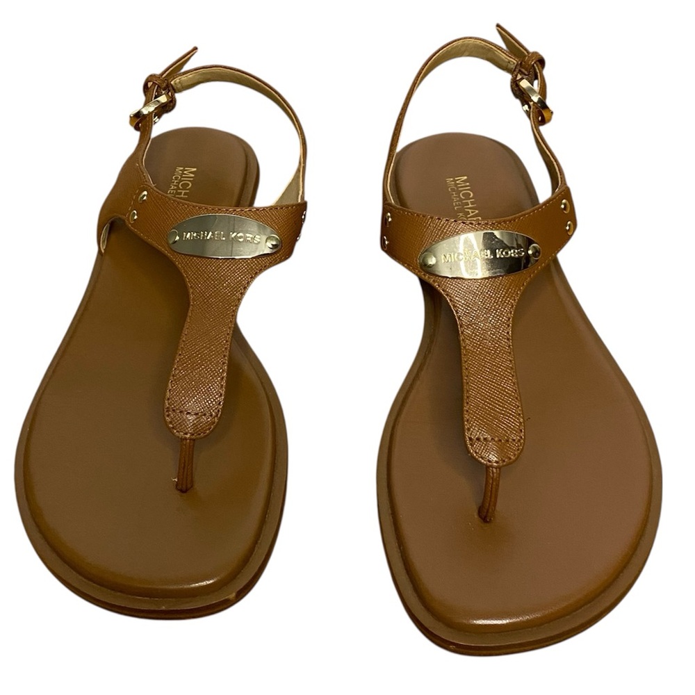 Michael Kors MK Plate Thong Leather Logo Sandals Brown Size 6.5